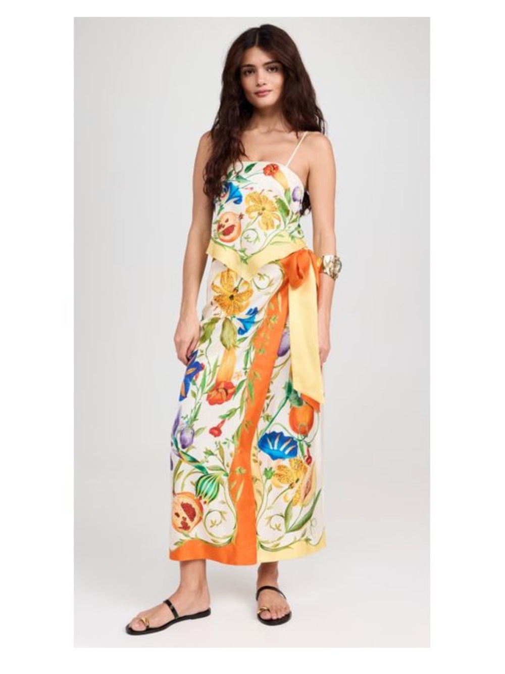 Alemais White Floral Satin Midi Skirt with Orange Tie